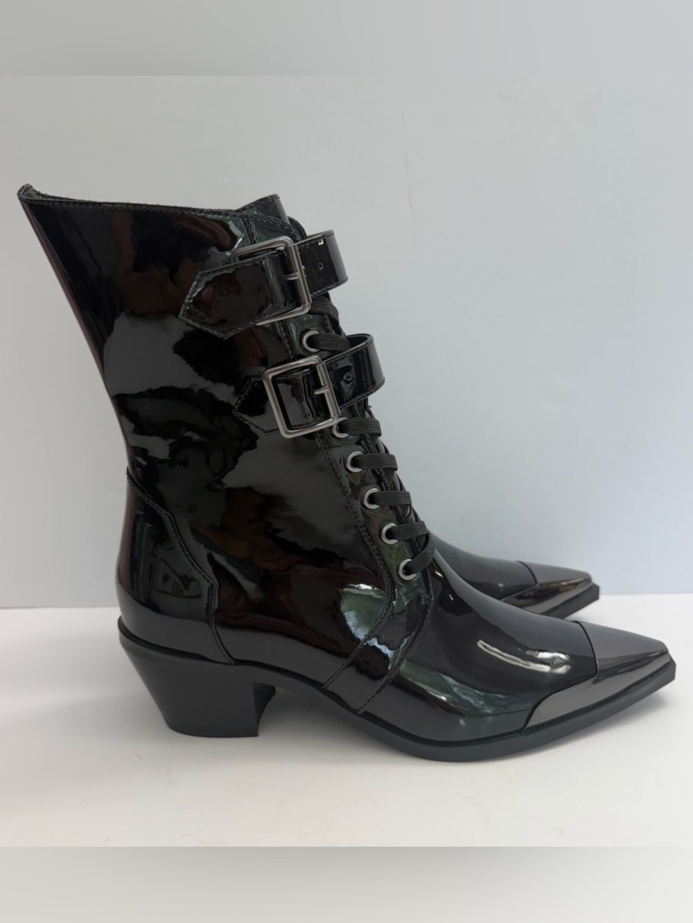 KILLSTAR Dark Sin Boots Womens 8 Black Patent Pointed Toe Buckle Goth Punk New - Picture 9 of 16
